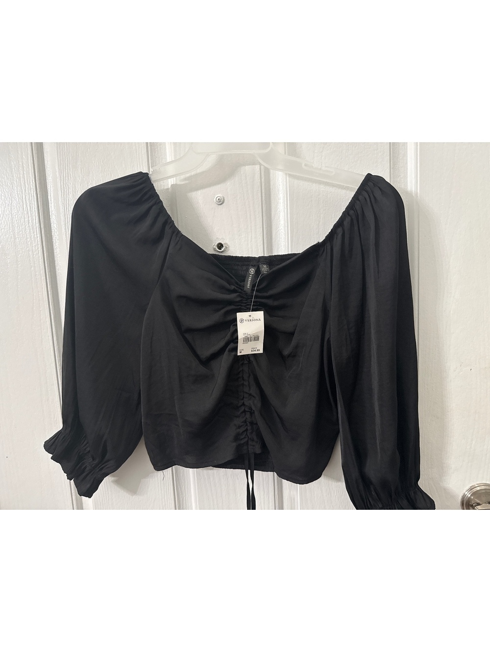 Versona Women's Black Ruched Front Puff Sleeve Blouse, Medium, New with Tags